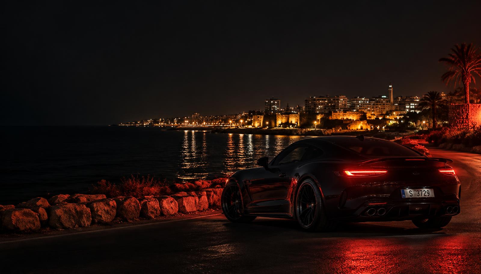 Sports car on the coast of Tyre at night
